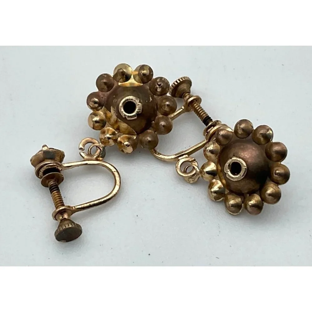 Vintage10K Gold Faux Fire Opal & Rhinestone Dangle Screw Back Earrings - Picture 3 of 4